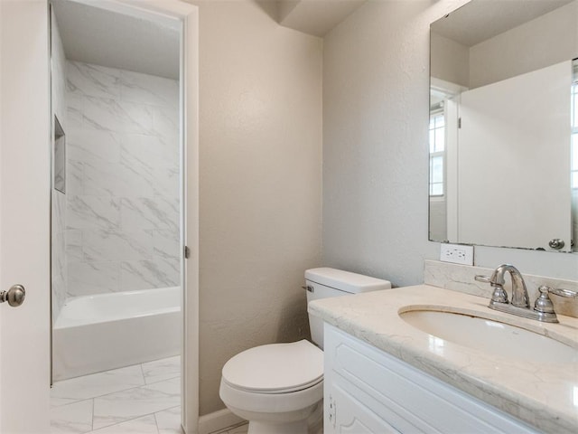 bathroom with vanity, a textured wall, shower / tub combination, toilet, and marble finish floor
