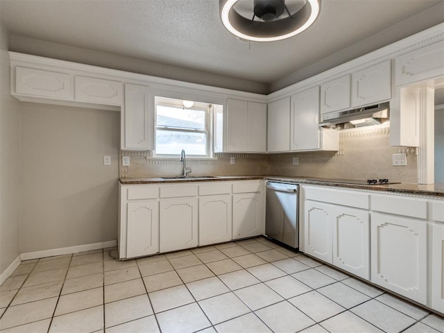 kitchen featuring white cabinetry, under cabinet range hood, dishwasher, a sink, and black electric cooktop