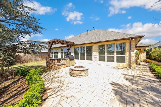 13125 Oakcliff Rd, Oklahoma City, OK 73120 - view of patio / terrace with a pergola, a fire pit, fence, and area for grilling