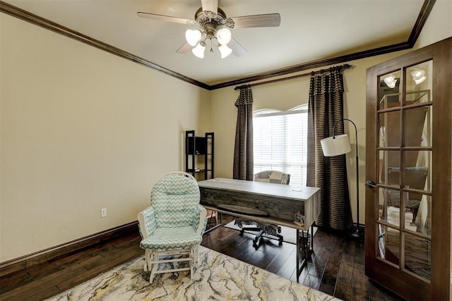 office featuring hardwood / wood-style floors, a ceiling fan, baseboards, and ornamental molding