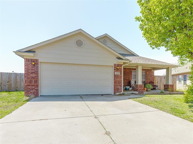 ranch-style house with a garage, brick siding, fence, and concrete driveway