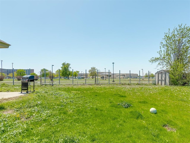 view of yard with an outbuilding, fence, and a storage unit