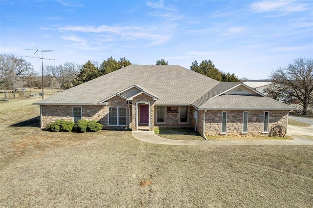 17787 N County Road 3200th Rd, Pauls Valley, OK 73075 - ranch-style house with a front lawn, stone siding, and roof with shingles
