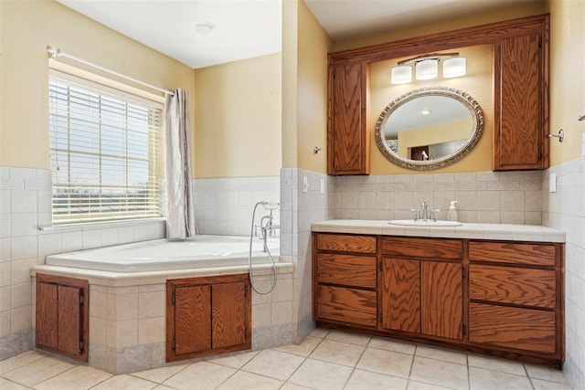 17787 N County Road 3200th Rd, Pauls Valley, OK 73075 - bathroom featuring a garden tub, vanity, tile patterned flooring, and tile walls