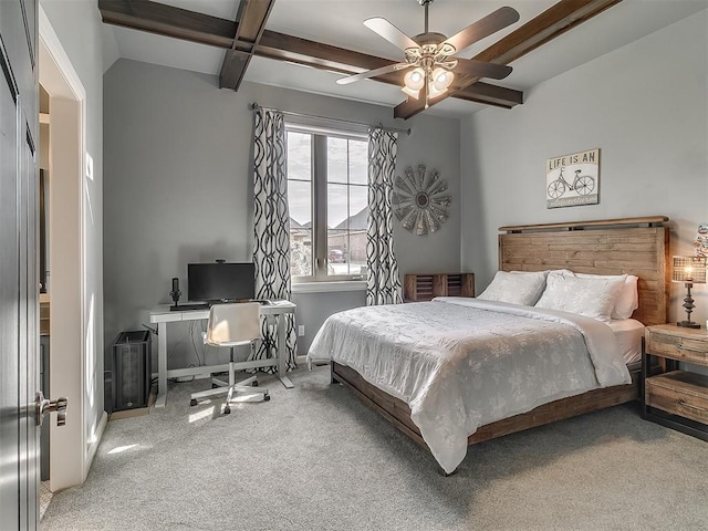 bedroom with ceiling fan, beam ceiling, baseboards, coffered ceiling, and carpet flooring