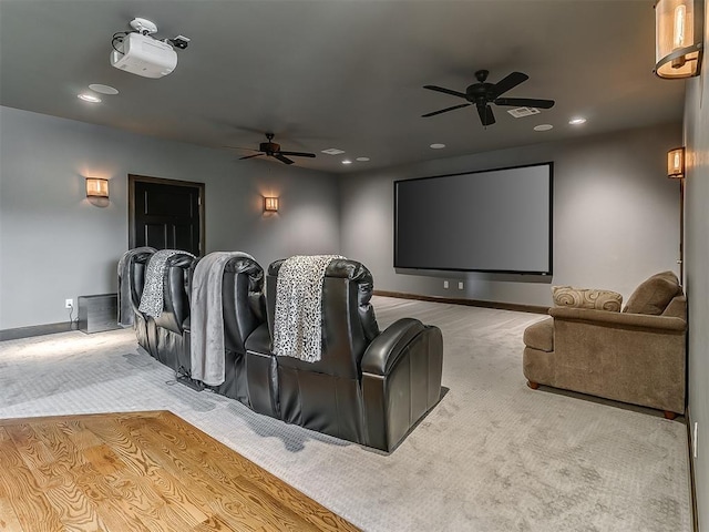 home theater room featuring recessed lighting, baseboards, a ceiling fan, and carpet flooring