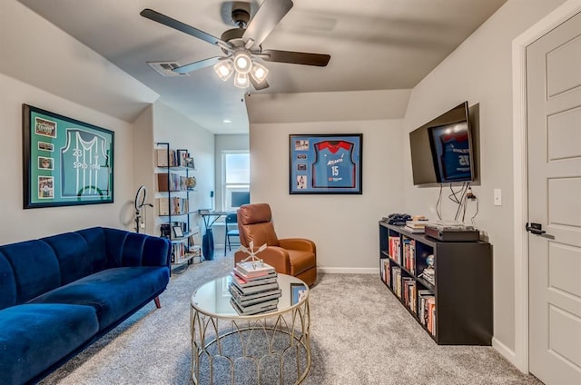 1219 N Adair Ct, Stillwater, OK 74075 - carpeted living room featuring ceiling fan, baseboards, and visible vents
