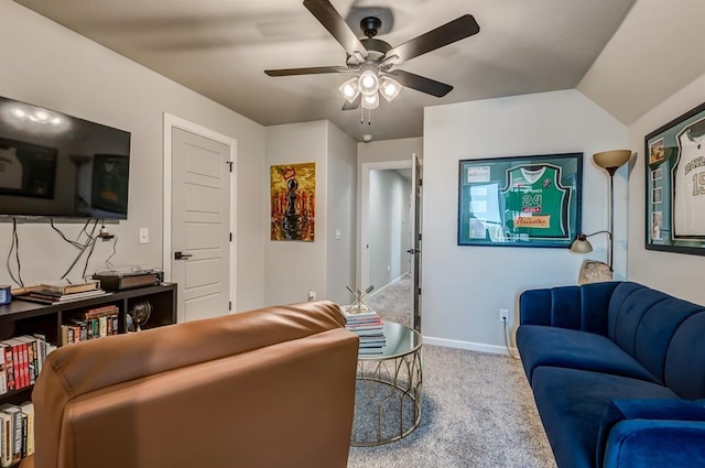 1219 N Adair Ct, Stillwater, OK 74075 - living room with carpet, baseboards, a ceiling fan, and lofted ceiling