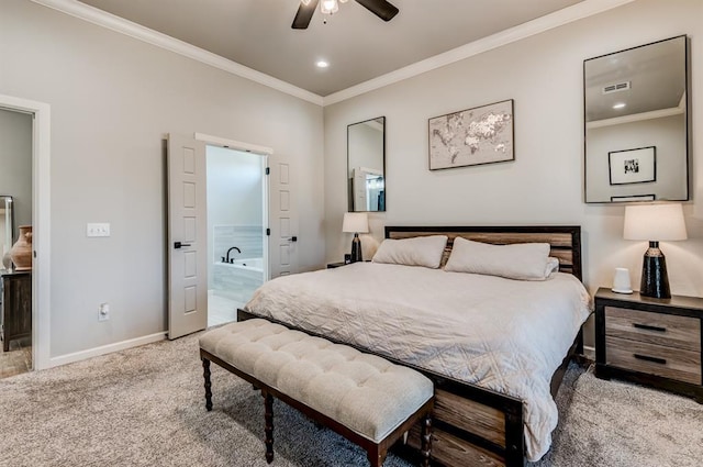 1219 N Adair Ct, Stillwater, OK 74075 - bedroom featuring ensuite bathroom, baseboards, ornamental molding, recessed lighting, and light colored carpet