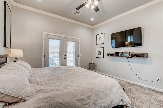 1219 N Adair Ct, Stillwater, OK 74075 - bedroom featuring french doors, access to outside, ornamental molding, and carpet floors