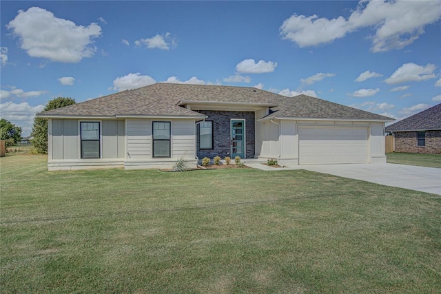 4980 12th Ave, Goldsby, OK 73093 - view of front of house with concrete driveway, a garage, a front lawn, and a shingled roof