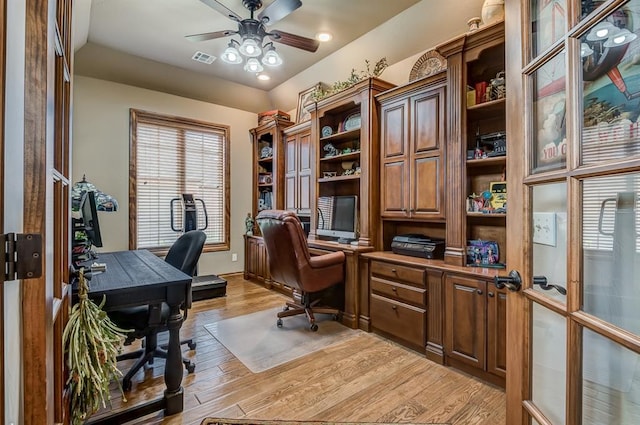 3615 S Scissortail Dr, Stillwater, OK 74074 - home office with light wood-style flooring, visible vents, and ceiling fan