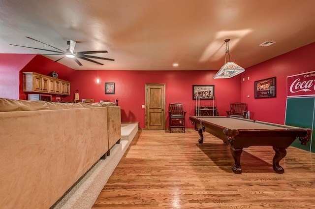 3615 S Scissortail Dr, Stillwater, OK 74074 - game room with visible vents, ceiling fan, light wood finished floors, and billiards