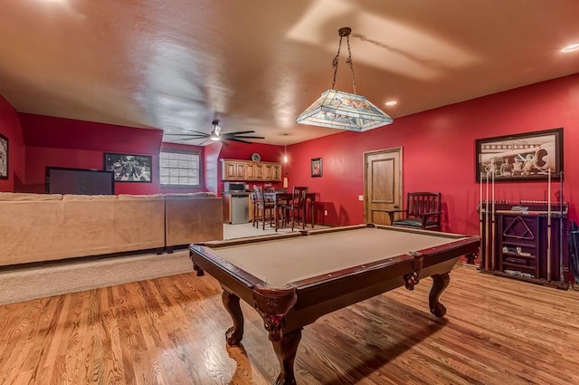 3615 S Scissortail Dr, Stillwater, OK 74074 - rec room with a ceiling fan, wood finished floors, and billiards