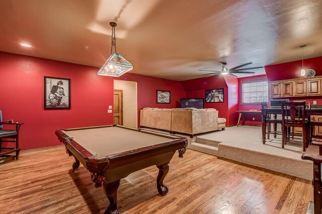 3615 S Scissortail Dr, Stillwater, OK 74074 - recreation room with pool table, a ceiling fan, and light wood-style floors