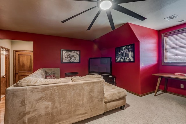 3615 S Scissortail Dr, Stillwater, OK 74074 - carpeted living room with visible vents and ceiling fan