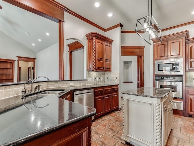 1217 Camelot Dr, Yukon, OK 73099 - kitchen featuring decorative backsplash, dark stone counters, a sink, and appliances with stainless steel finishes