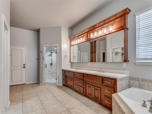 1217 Camelot Dr, Yukon, OK 73099 - full bath with a bath, double vanity, a shower stall, and a sink
