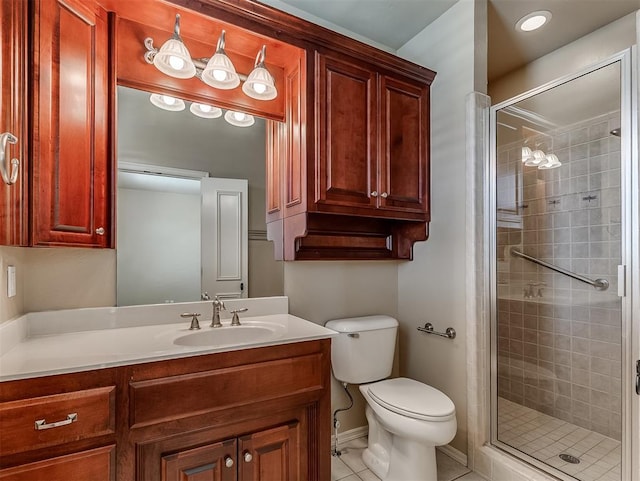 1217 Camelot Dr, Yukon, OK 73099 - full bath featuring tile patterned floors, toilet, vanity, and a stall shower