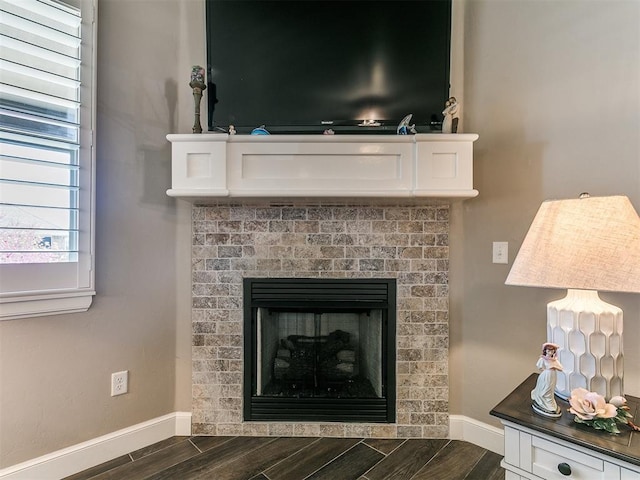 room details with a fireplace, wood finished floors, and baseboards