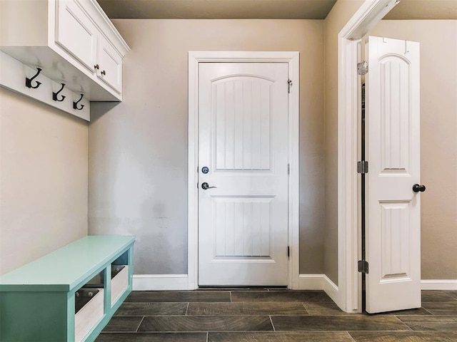 mudroom featuring baseboards and wood tiled floor