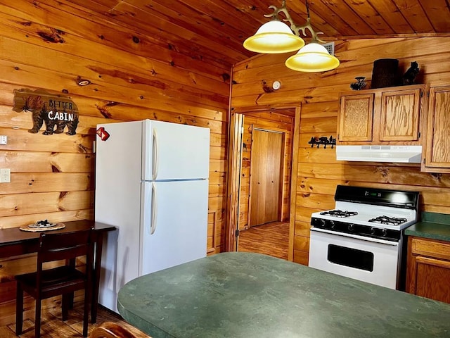 kitchen with under cabinet range hood, wooden walls, white appliances, and wooden ceiling