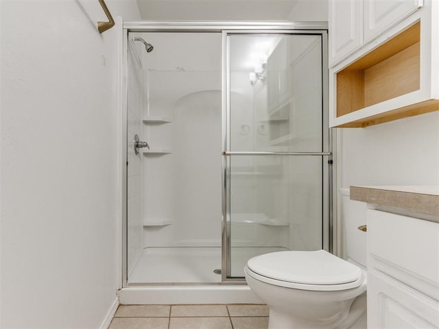 1801 NW 145th St, Edmond, OK 73013 - bathroom with toilet, a stall shower, baseboards, tile patterned flooring, and vanity