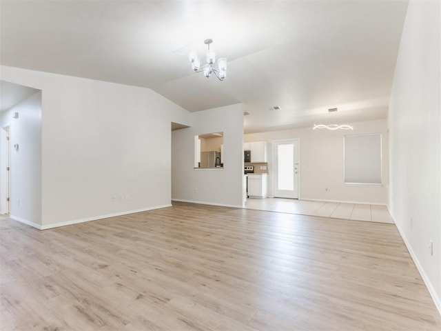 1801 NW 145th St, Edmond, OK 73013 - unfurnished living room with vaulted ceiling, visible vents, baseboards, light wood-style floors, and a chandelier