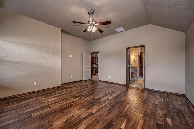 9609 Lakecrest Dr, Oklahoma City, OK 73159 - empty room featuring a textured ceiling, visible vents, wood finished floors, lofted ceiling, and ceiling fan