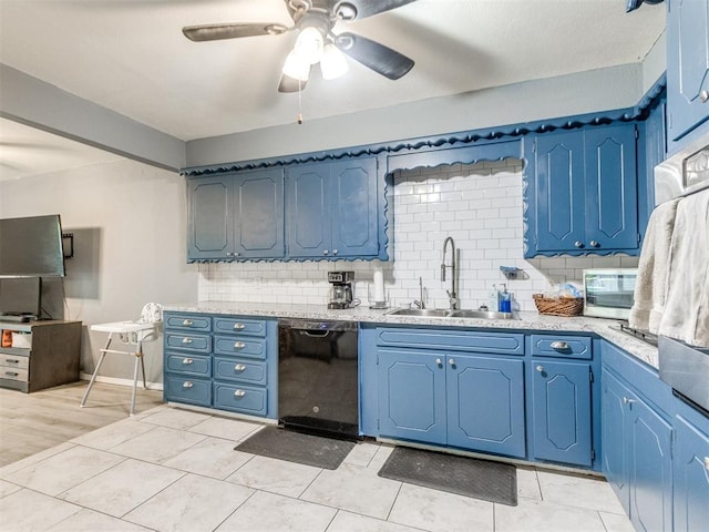 kitchen with a sink, stainless steel microwave, decorative backsplash, a ceiling fan, and dishwasher
