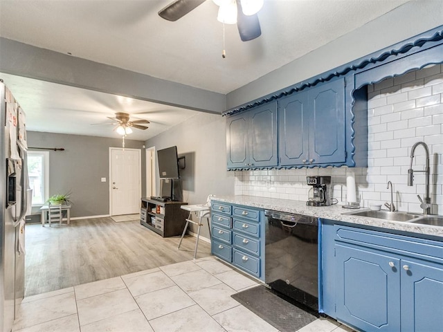 kitchen featuring dishwasher, blue cabinetry, ceiling fan, and a sink