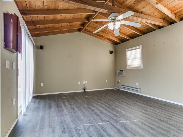 9333 SW 22nd St, Oklahoma City, OK 73128 - empty room with dark wood finished floors, wooden ceiling, baseboards, lofted ceiling with beams, and ceiling fan