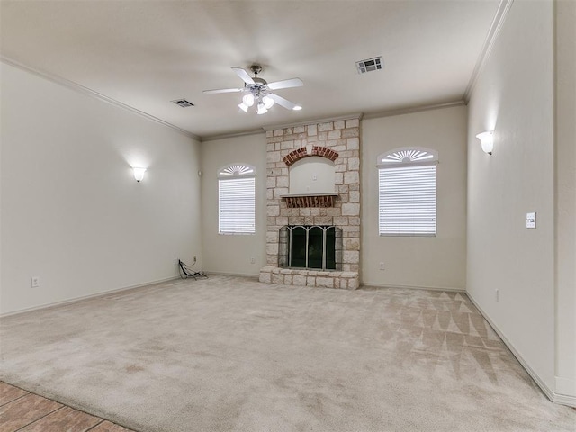 9333 SW 22nd St, Oklahoma City, OK 73128 - unfurnished living room with ceiling fan, visible vents, carpet floors, and ornamental molding