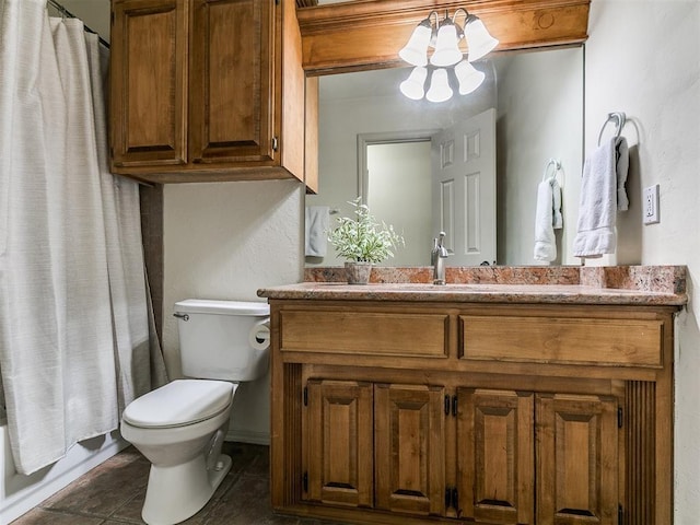 9333 SW 22nd St, Oklahoma City, OK 73128 - full bathroom featuring tile patterned floors, toilet, vanity, shower / bath combo, and a notable chandelier