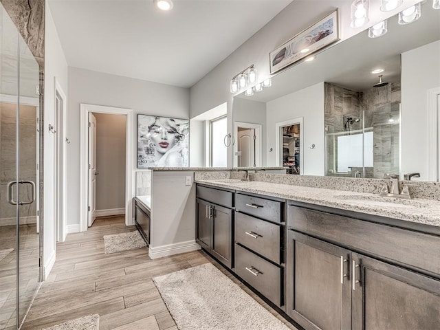bathroom with a shower stall, wood finished floors, double vanity, and a sink