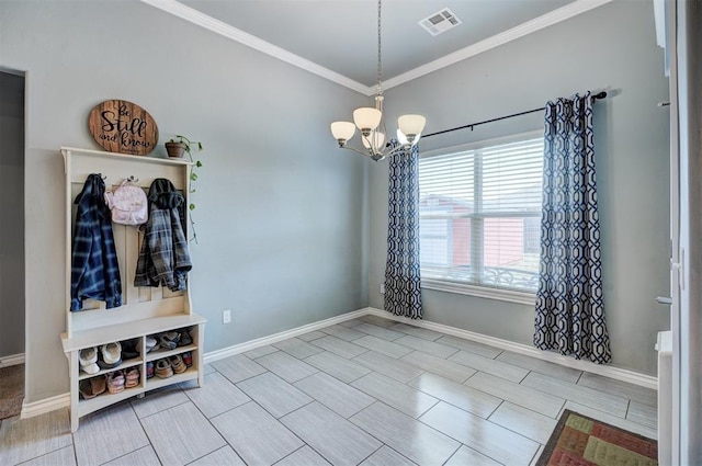 interior space featuring baseboards, crown molding, a notable chandelier, and visible vents