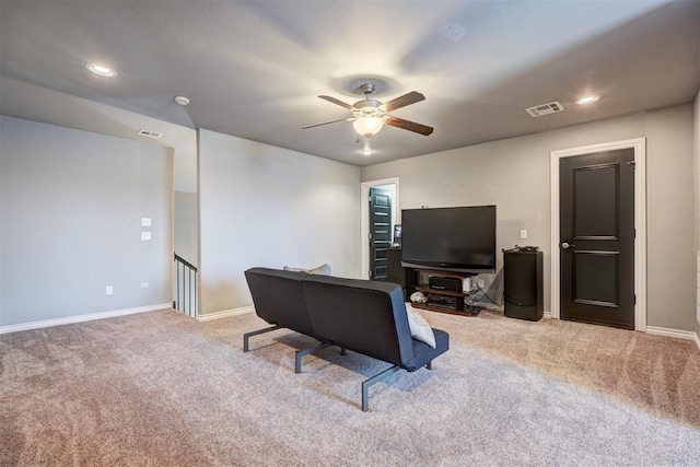 carpeted living area featuring visible vents, ceiling fan, and recessed lighting