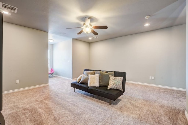 sitting room with baseboards, recessed lighting, a ceiling fan, visible vents, and carpet