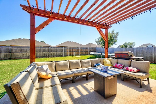 view of patio featuring an outdoor living space, a trampoline, a fenced backyard, and a pergola