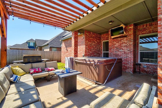 view of patio with an outdoor living space, fence, a pergola, and a hot tub