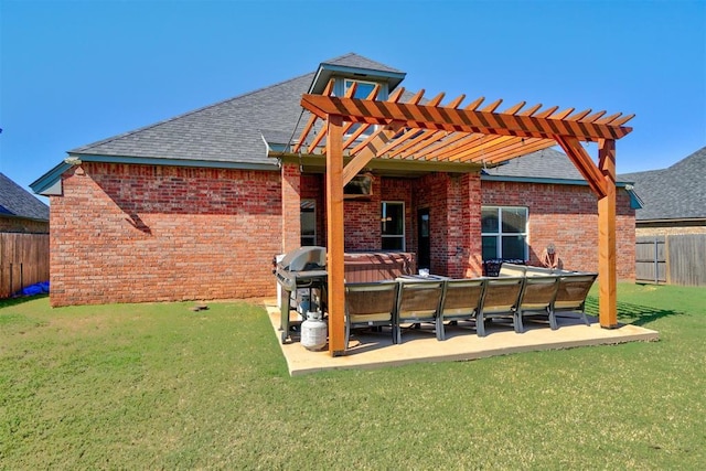back of house with brick siding, a pergola, fence, and roof with shingles