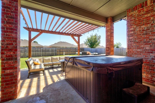 view of patio / terrace featuring outdoor lounge area, a fenced backyard, a pergola, and a hot tub