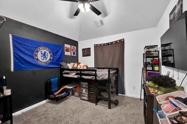 2420 NW 179th Ter, Edmond, OK 73012 - bedroom featuring carpet floors, a ceiling fan, baseboards, lofted ceiling, and visible vents
