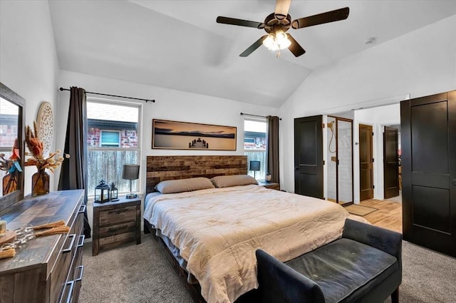 2420 NW 179th Ter, Edmond, OK 73012 - bedroom featuring ceiling fan, lofted ceiling, and light carpet