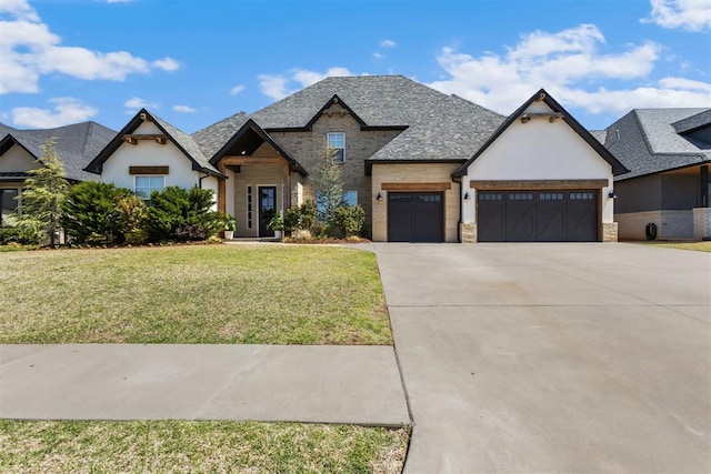 13120 Knight Island Dr, Oklahoma City, OK 73142 - view of front facade featuring stucco siding, driveway, an attached garage, a front yard, and a shingled roof