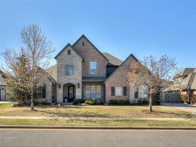 view of front of home featuring a gate, fence, a front lawn, stone siding, and brick siding