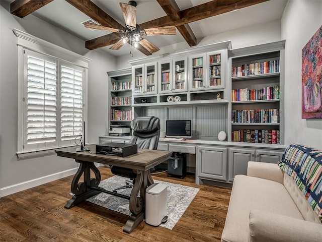 office space with coffered ceiling, a ceiling fan, beamed ceiling, dark wood-type flooring, and baseboards