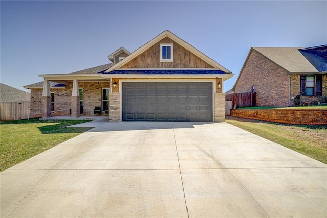 308 W Kerby Ave, Washington, OK 73080 - craftsman house with an attached garage, fence, brick siding, a front lawn, and driveway