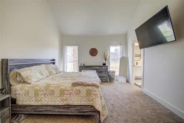 308 W Kerby Ave, Washington, OK 73080 - carpeted bedroom featuring high vaulted ceiling, baseboards, and connected bathroom