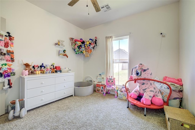308 W Kerby Ave, Washington, OK 73080 - game room with carpet, visible vents, and a ceiling fan